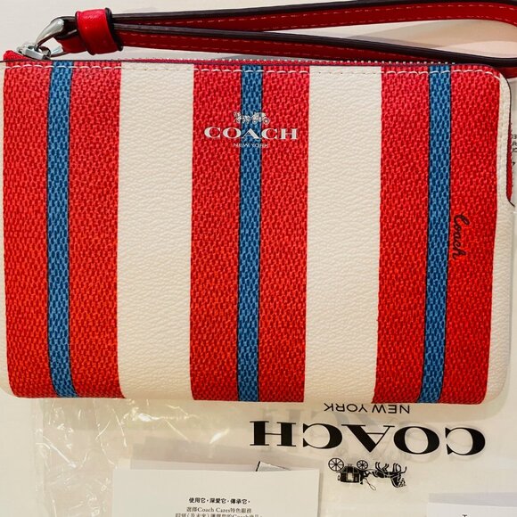 Coach Corner Zip Wristlet W/Stripe Print, red,coated canvas and recycled leather - Picture 1 of 9
